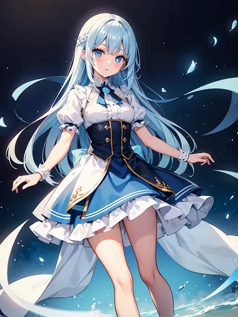 masterpiece,high quality,(full body 1.2),animated standing portrait, white cape and blue shirt,(blue hair 1.4),anime girl with l...