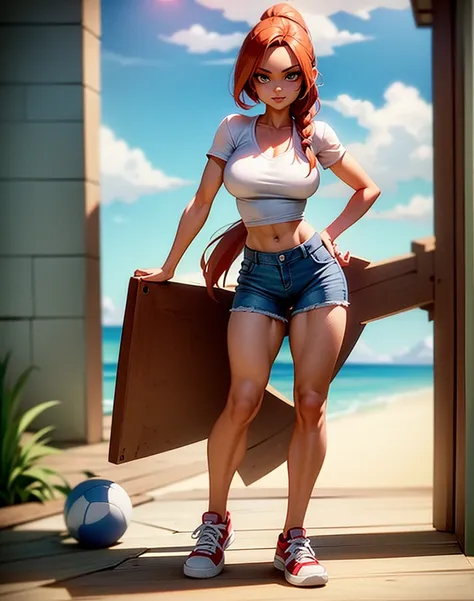 chica bandicoot, sexy young girl, good body, strong red hair, long ponytail hair, blue eyes, blue jeans, white shirt, white tenn...