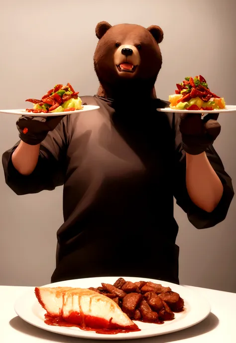 a big, cute bipedal bear eating meat from a plate with a knife and fork