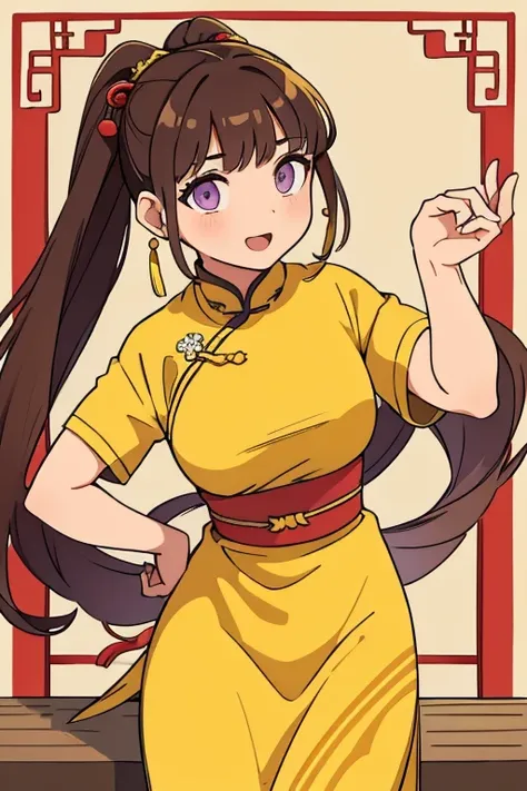 ( Best Quality, ancient china, A girl, long yellow chinese dress), long hair tied in a ponytail, Brown hair, tender lilac eyes, short sleeves
