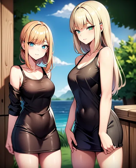 two girls, a blonde girl with green eyes, second redhead girl with blue eyes, with casual clothes