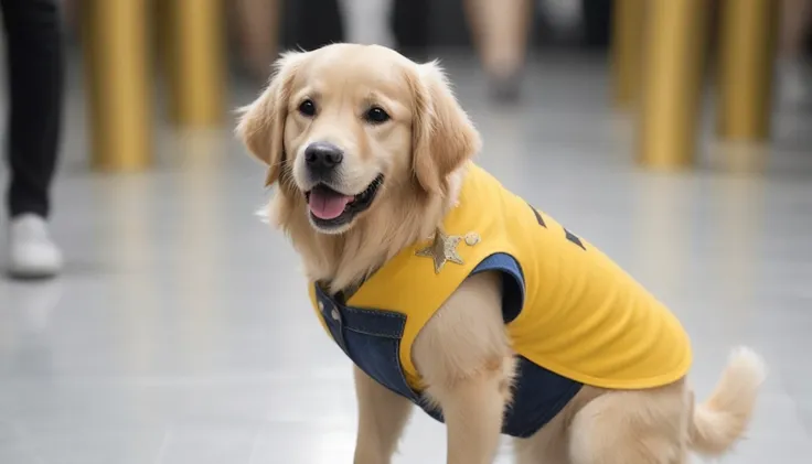 A golden retriever，very cute，pretty，Wearing dog clothes，It walks on the catwalk，Like a star，Medium shot，Real photography。