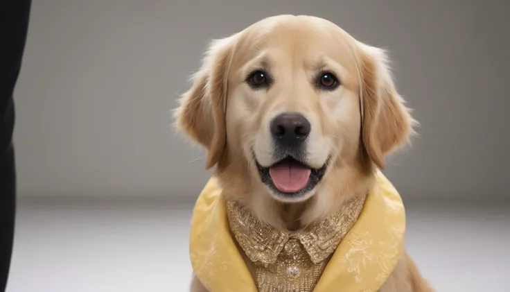 A golden retriever，very cute，pretty，Wearing dog clothes，It catwalks on stage，There&#39;s a spotlight on the stage，Like a star，Medium shot，Real photography。