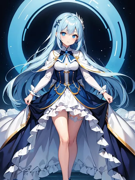 masterpiece,high quality,(full body 1.2),animated standing portrait, white cape and blue shirt,(blue hair 1.4),anime girl with l...