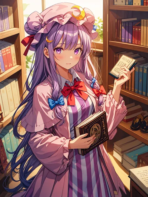 best quality, masterpiece, highres, solo, {patchouli_knowledge_touhou:1.15}, long_hair, purple_hair, crescent, purple_eyes, ribb...