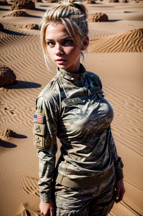 1 girl, military camo outfit, sand, blonde hair, ponytail, brown eyes, female waist, solo, freckles, round breast, full body