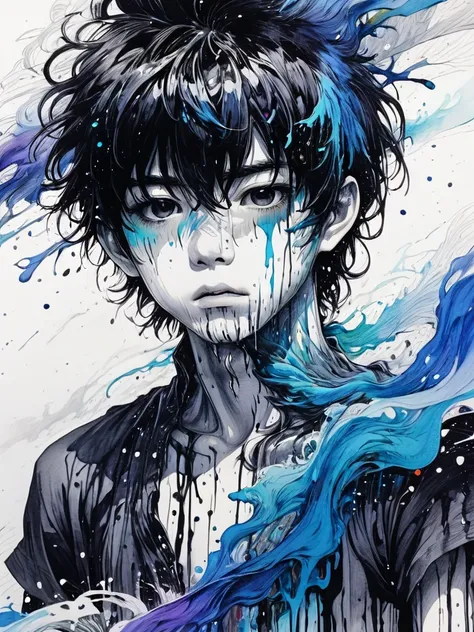 (masterpiece:1.2), ((intricate details)), cover art, chaos, upper body, one boy, japanese boy, casual hair, black hair, bangs, f...