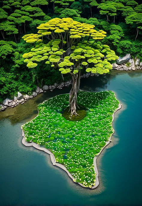 A crystal-clear river meanders through the forest, its banks adorned with wildflowers and luminescent mushrooms. In the middle of the river, there is a floating island covered by a single giant and ancient bonsai