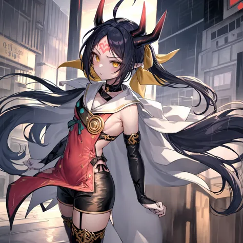 masterpiece, best quality, 1girl, solo, dsaravi, :(, black hair, yellow eyes, pointy ears, very long hair, twintails, ahoge, horns, forehead mark, hair ribbon, red tabard, chest belt, elbow gloves, thighhigh boots, black shorts, small breasts, standing, ou...