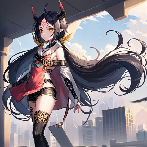 masterpiece, best quality, 1girl, solo, dsaravi, :(, black hair, yellow eyes, pointy ears, very long hair, twintails, ahoge, horns, forehead mark, hair ribbon, red tabard, chest belt, elbow gloves, thighhigh boots, black shorts, small breasts, standing, ou...