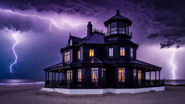 darkest atmosphere, dark purple & black storm clouds during the night, darkness, lightning, panoramic façade of a black traditional beach house with octagonal turret & octagonal cupola on top of roof, background