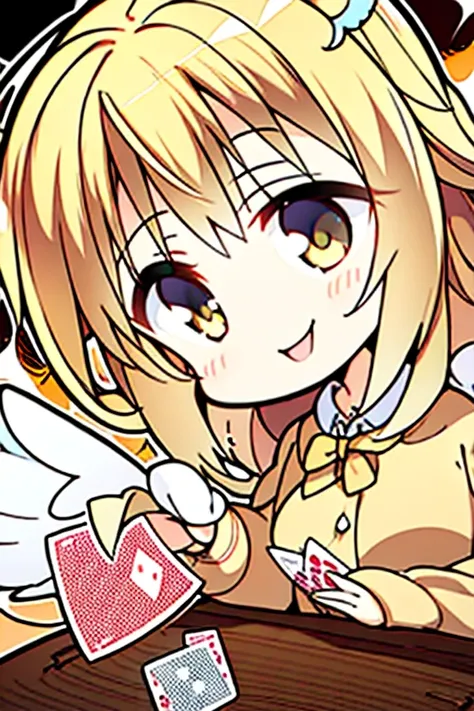 Perfect face. Perfect hands. A blonde haired female angel with hazel eyes and golden wings in a conservative cowgirl outfit is playing cards in the saloon with a big smile