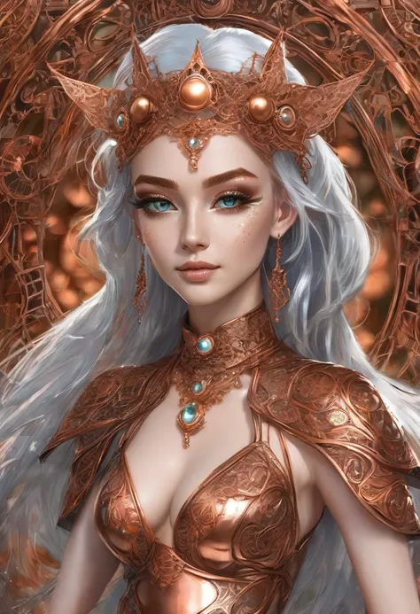 Steampunk inspired goblin princess. copper wire necklaces and bangles. Crown of fine copper wire. copper coloured tatoos cover her face and body intricate and beautiful designs. LArge pointed ears that end in curlicues. Hands on hips. Ember colored eyes ad...