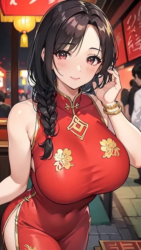 a beautiful woman，Standard red silk cheongsam，side braid，short black hair，Large Breasts，Sexy，Slim body，noble， (gold embroidery thread)， (Such)，cleavage， City，Outdoor Chinese restaurant，Smile，lipstick，Wear a gold bracelet on your right hand