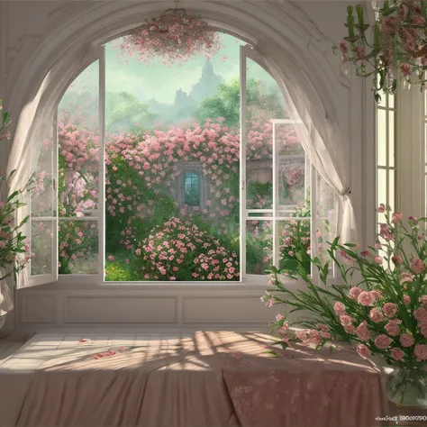 there is a realistic details room with a large window and a bunch of cherry flowers, open real window ib background, photo of a beautiful window, portal made of roses, beatiful realistic backgrounds, beautiful and aesthetic realistic , the window is open, ...