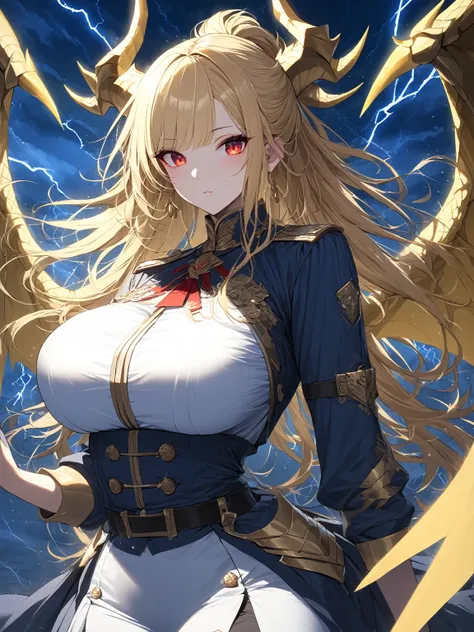 Masterpiece, very detailed, ultra detailed, one, (1 woman), she is in an ancient blue military uniform with white, long golden hair and tied hair and wild bangs, yellow demonic horns, yellow dragon wings, beautiful, charming, bright blood-red eyes, light e...