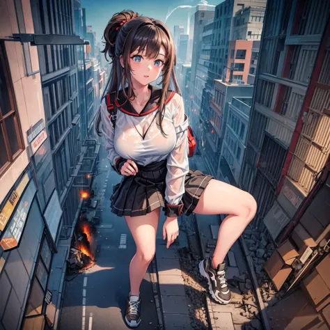 
((Destroyed city)) ((Burning)) ((Fire)) ((Explosion)) ((Black smoke)) ((Pile of rubble))
Masterpiece Unreal Engine Anime style Delicate drawing 4k 90s Giant Multiple girls Crowd School building City Giant high school girl standing in the valley of the sch...