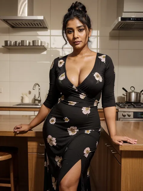 Sri lankan aunty 42 years old  curvy body sexy figure fat body  hairbun wearing black flower pattern tight long dress at kitchen 