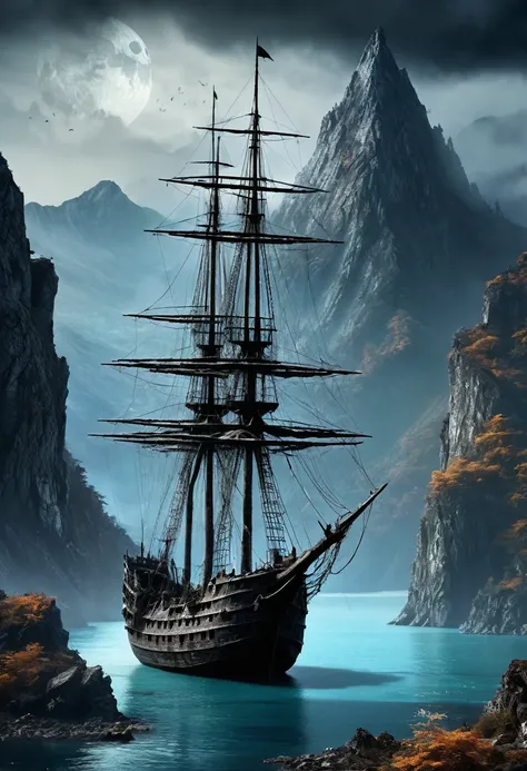 Dark fantasy world view.Ghost Ship of Tattered Sails.Mountain々Lakes surrounded by.