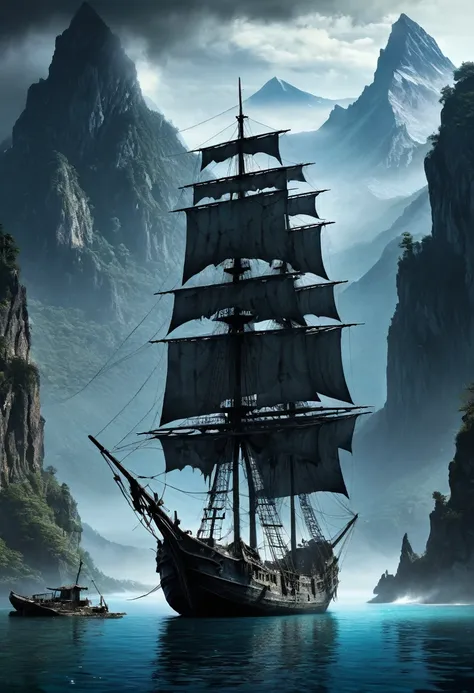 Dark fantasy world view.Ghost Ship of Tattered Sails.Mountain々Lakes surrounded by.