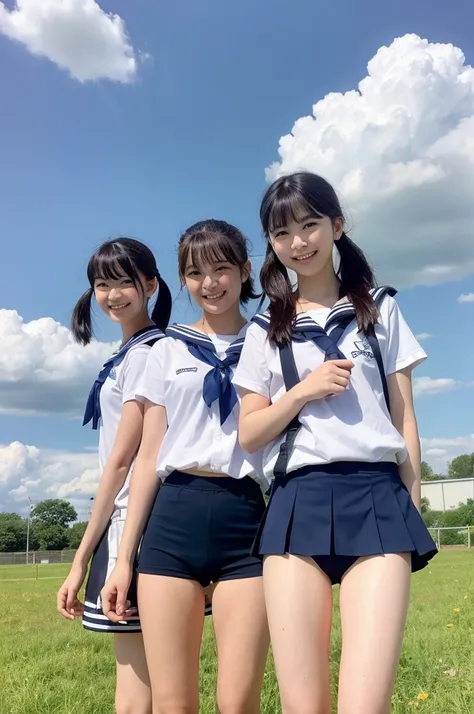 {1 | 2 | 3} girls standing in school field,cumulonimbus cloud in summer sky,navy blue speedo swimming briefs,white sailor shirt over,school bag,18-year-old,bangs,a little smile,thighs,knees,short hair with low pigtails bunches,from below,front light