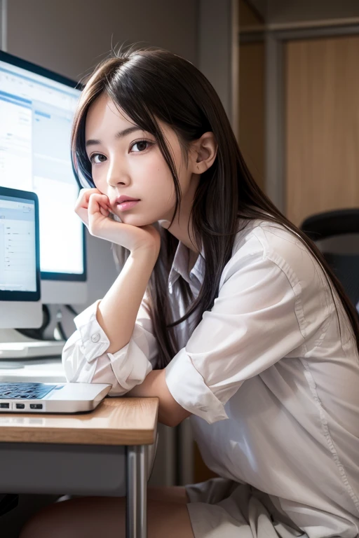 1girl, sit impatiently at work or at a computer