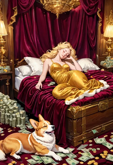 Coins overflowing from a wooden box, full of money, bills flying, piles of gold bullion and wads, beautiful blonde goddess sleeping on a burgundy velvet silk bed, in the gorgeous room, sleeping corgi