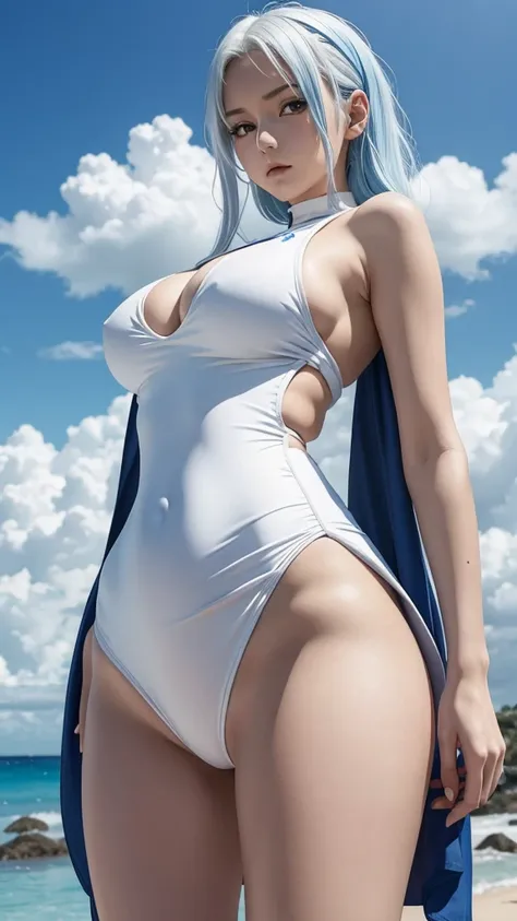 One piece anime, sexy woman, white extremely tight and very small one-piece swimsuit, loose skirt, white hair with blue highlights, NSFW, 