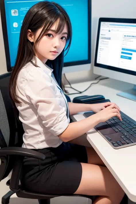 1girl, sit impatiently at work or at a computer