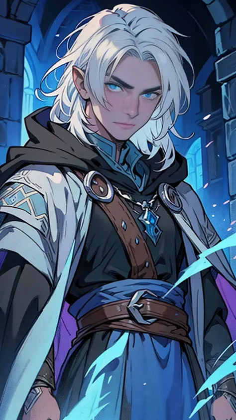 1male, medieval fantasy, beautiful, depressed, silver hair, blue skinned, detailed eyes, (rogue mage, black cloak), medieval fan...