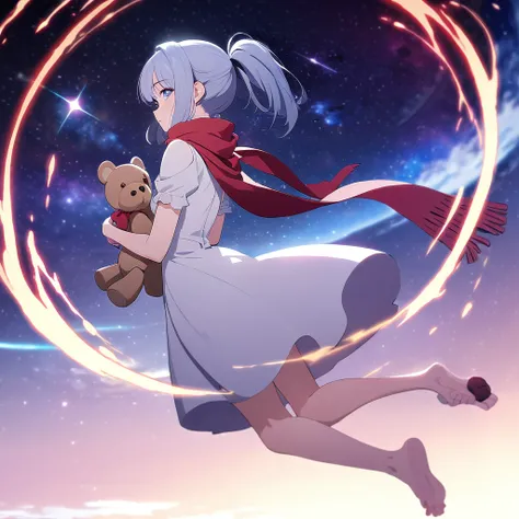 (((masterpiece))), (((Highest quality))),(((High detail))),Light manipulation, Girl with a ponytail, Gradient purple to sky blue eyes, Wearing a white dress, Red scarf, Galaxy Background, Holding a teddy bear, feet, No footwear