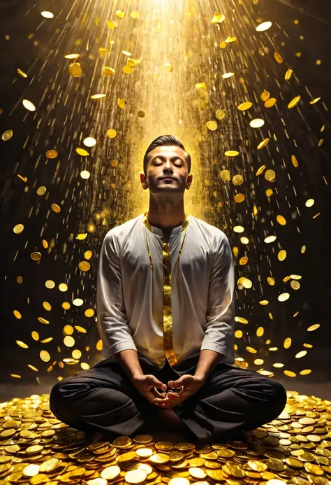 handsome man meditating, shower of gold light, coins falling, stacked gold bullion, banknotes and coins