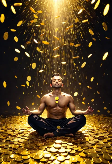 Handsome man meditating, shower of gold light, coins falling, stacked gold bullion, banknotes and coins