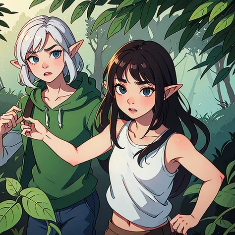 Create a slightly weak looking elf with teenage features in male and female versions against the background of a semi-realistic forest. 