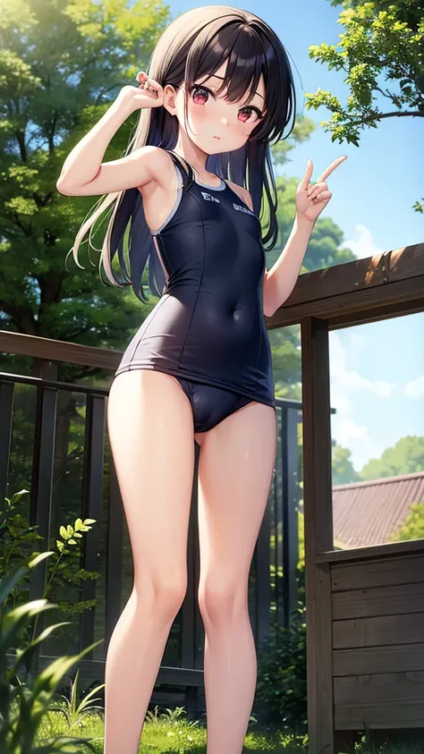 Rin around 15 years old々A beautiful anime-style girl is wearing a small school swimsuit with a shy face and is pointing her butt towards you.。Nipples and navel are visible。Pussy line。