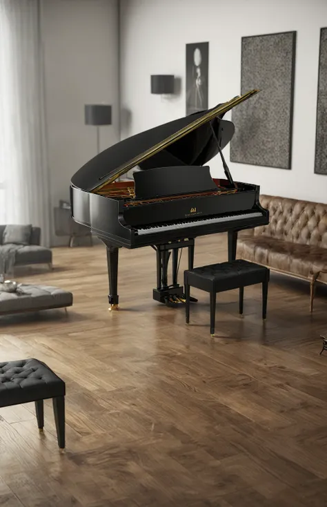 an elegant black grand piano, photorealistic, 8k, highly detailed, dramatic lighting, glossy finish, intricate wood grain, refle...