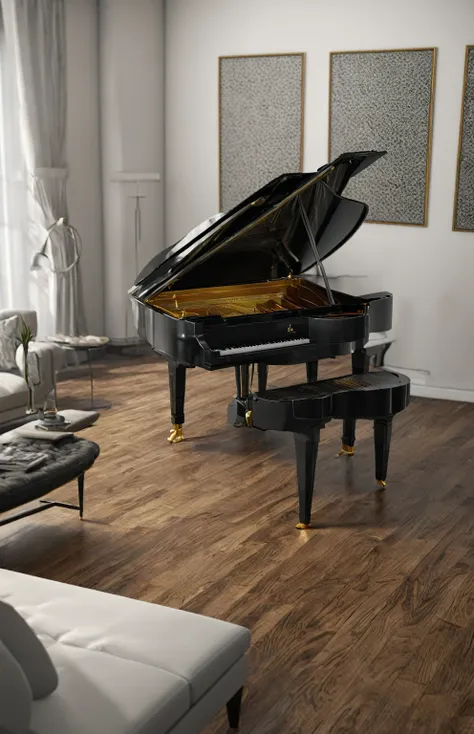 an elegant black grand piano, photorealistic, 8k, highly detailed, dramatic lighting, glossy finish, intricate wood grain, refle...