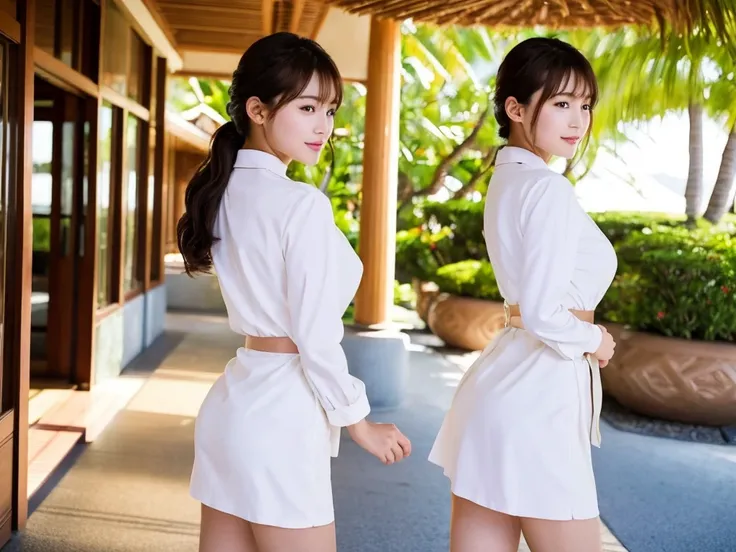 A live-action photo shoot of a very beautiful Japanese high school girl race queen highlighting her large breasts and beautiful legs at the entrance of a five-star resort hotel in Hawaii.、Wearing outfits prepared by top stylists, labia photos are taken、She...