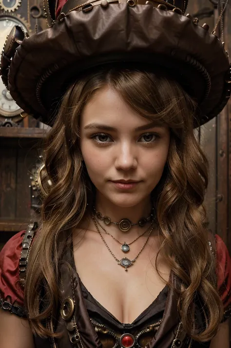 close up, straight blonde hair short curly boy girl the little red hat, watch on necklace, (victorian era), ((steampunk)), cinematography, job, elegant, meticulous, Magnificent, maximum detail, extremely hyperaesthetic, intricately detailed, many gears, ol...