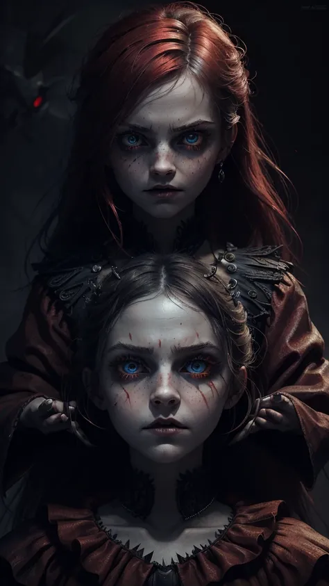 The Red Queen is a computer system evilness,appearence a 13 years old teenage girl.red hologram((portrait: 1 girl))angry expression, pixar style, Dark, Negative, twisted, weird, (Big super-detailed eyes, Childrens doll eyes), dark makeup under the eyes, my...