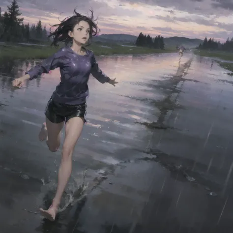 Girl running in the rain, purple wild sky, streams of rain, barefoot