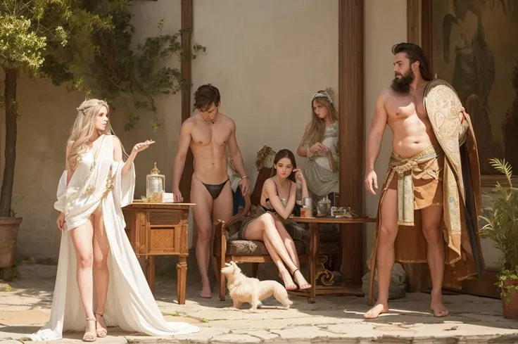 there are many man and a woman in the on the greek market, 5 womans in background, nude, naked, greek man talking, a Greek man walking and debate with another old man, another poor man sitting on floor, full body white cloak, shield, bow, sword, white hair...