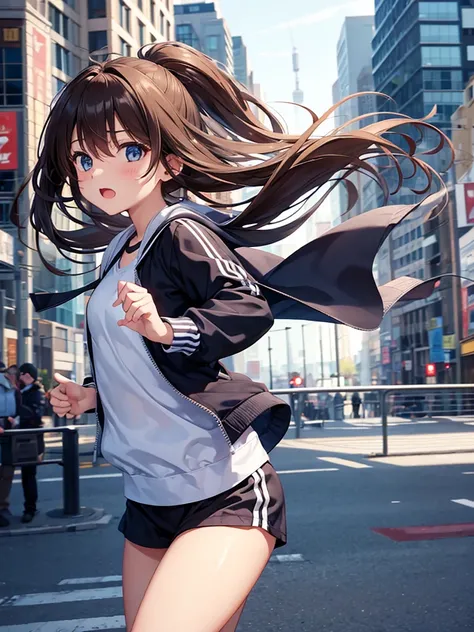 A Girl mid-leap, wearing simple jersey jacket billowing, urban backdrop blur