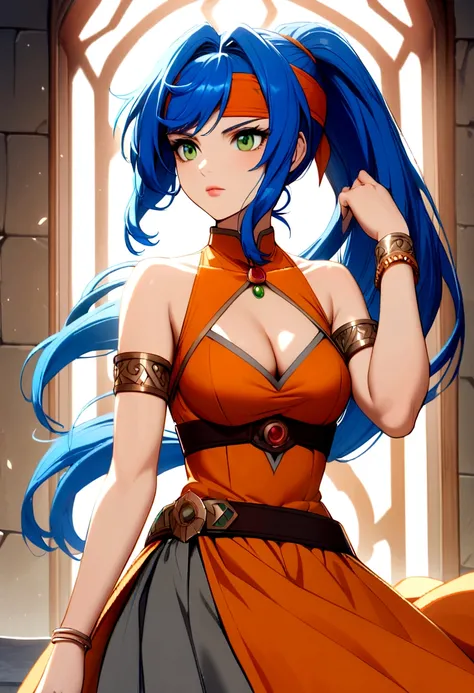 Mariam_Beyblade, 1girl, solo, green eyes, long hair, blue hair, ponytail, orange dress, grey skirt, bracelet, clothing cutout, headband, hair intakes, high ponytail, armlet, cleavage,