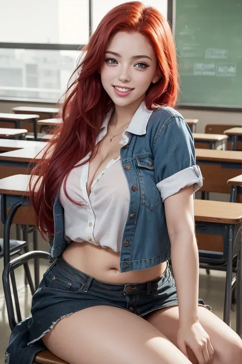 Sexy photo of a pretty young sexy woman with bright red disheveled hair, a little like Scarlett Johansson, succulent figure, big-ass, Wonderful big eyes and plump lips, In school , With the classroom as a backdrop,  vestimentas, she is happy, smiling.