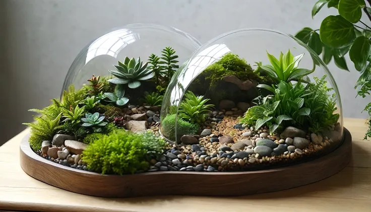 「１encased in two glass domes、a beautiful and delicate terrarium。mr.々various kinds of green plants are harmoniously arranged、smal...