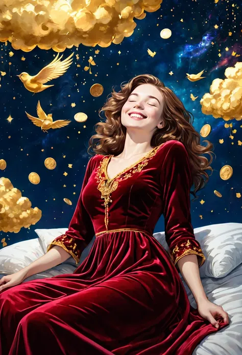 Beautiful woman sleeping on a bed of gold clouds, aristocratic wine red velvet dress, smiling, outer space, shower of gold light, coins falling, blue bird