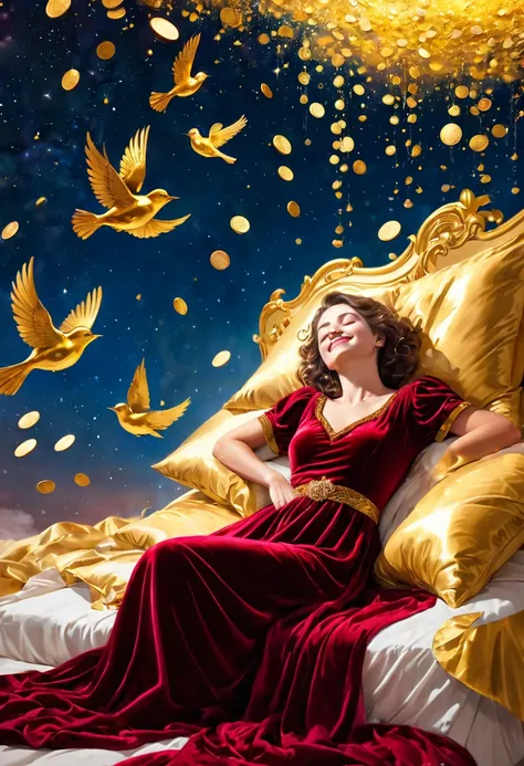 Beautiful woman sleeping on a bed of gold clouds, aristocratic wine red velvet dress, smiling, outer space, shower of gold light, coins falling, blue bird