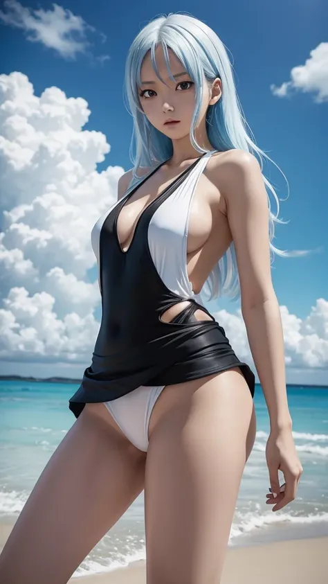 One piece anime, sexy woman, transparent white extremely tight and very small one-piece swimsuit, loose black skirt, white hair with blue highlights, NSFW, 