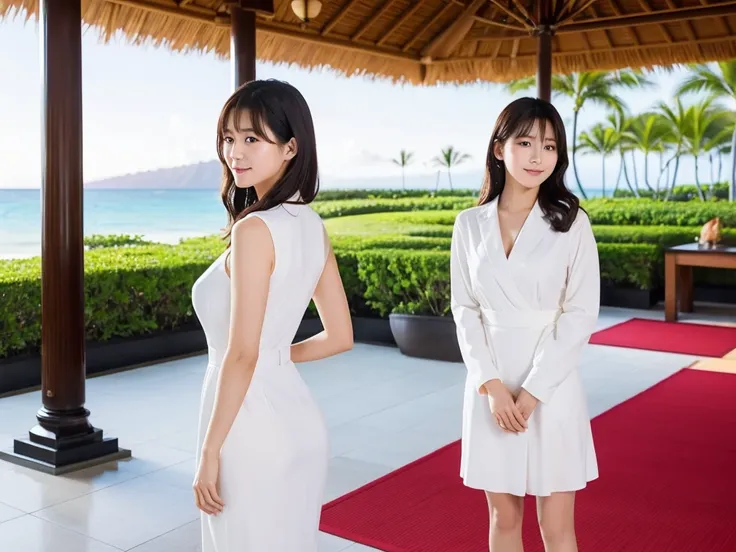 A live-action photo shoot of a very beautiful Japanese high school girl race queen highlighting her large breasts and beautiful legs at the entrance of a five-star resort hotel in Hawaii.、Wearing outfits prepared by top stylists, labia photos are taken、She...